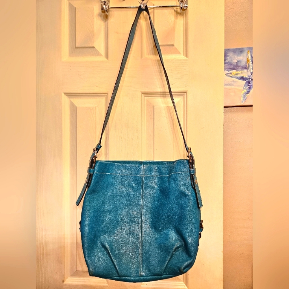 Coach teal turquoise leather large crossbody shoulserbag purse handbag
